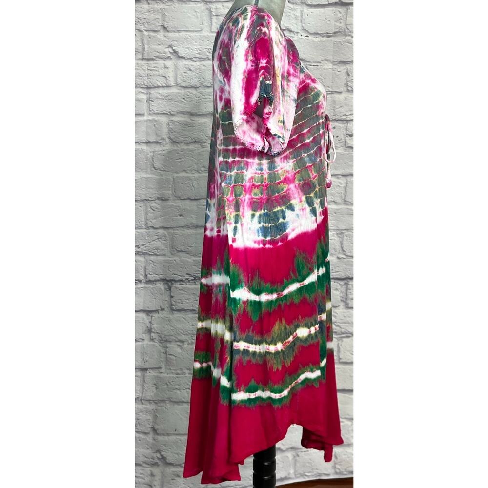India Boutique Vibrant Boho Tie Dye Bollywood Style Crinkly Gauze Midi Dress - Picture 2 of 7